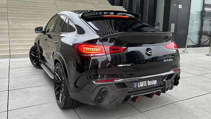 Rear angle view on a Mercedes GLE Coupe AMG 63 C167 with a body kit giving the car a custom appearance