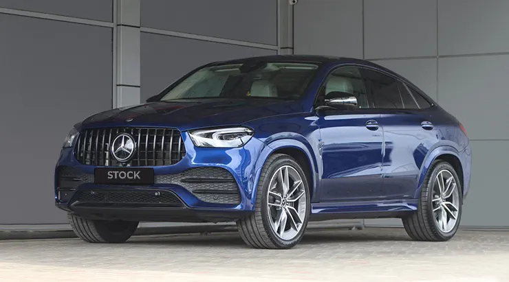 Front angle view on a Mercedes GLE Coupe C167 with a body kit giving the car a custom appearance