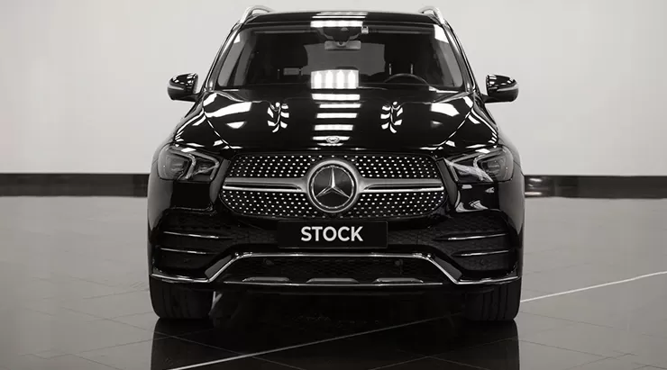 Front view on a Mercedes GLE V167 with a body kit giving the car a custom appearance