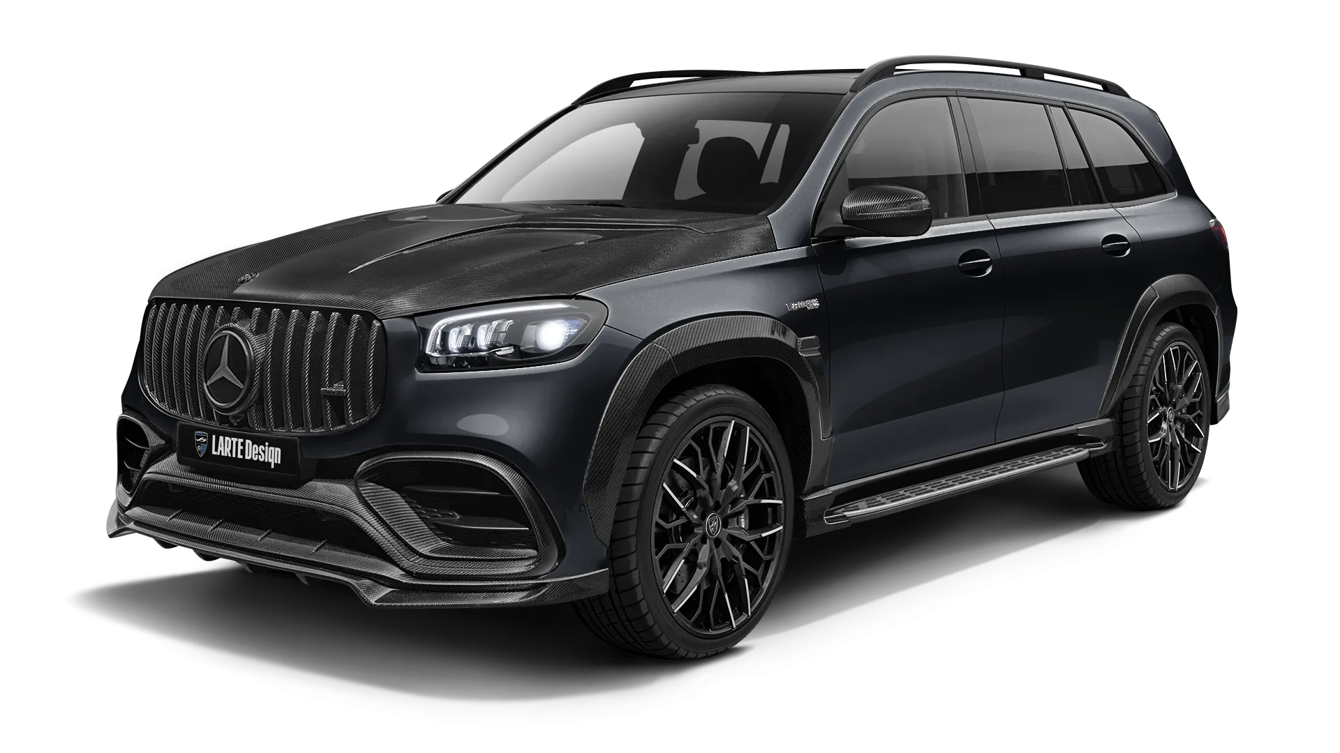 Mercedes GLS AMG 63 X167 Facelift with carbon body kit: front view shown in Black Non-Metallic
