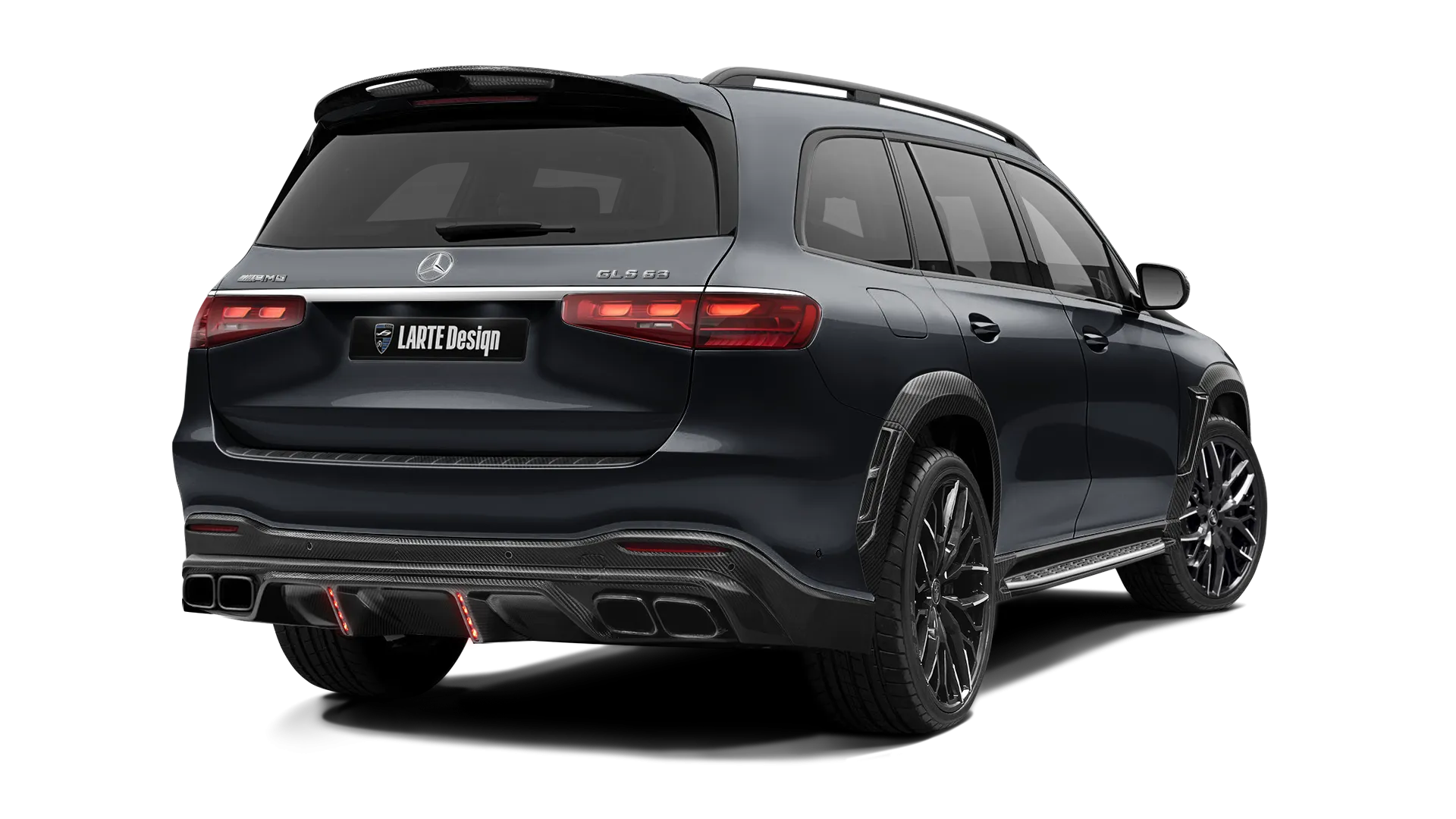 Mercedes GLS AMG 63 X167 Facelift with carbon body kit: back view shown in Black Non-Metallic