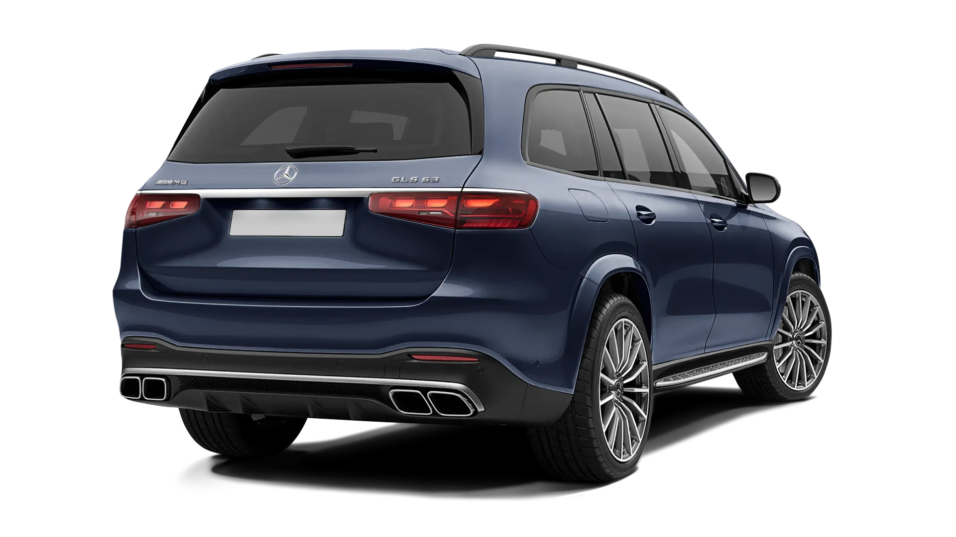 Mercedes GLS AMG 63 X167 Facelift stock rear view in Cavansite Blue color