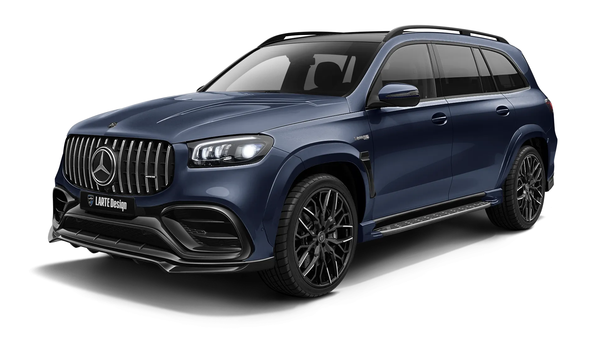 Mercedes GLS AMG 63 X167 Facelift with painted body kit: front view shown in Cavansite Blue
