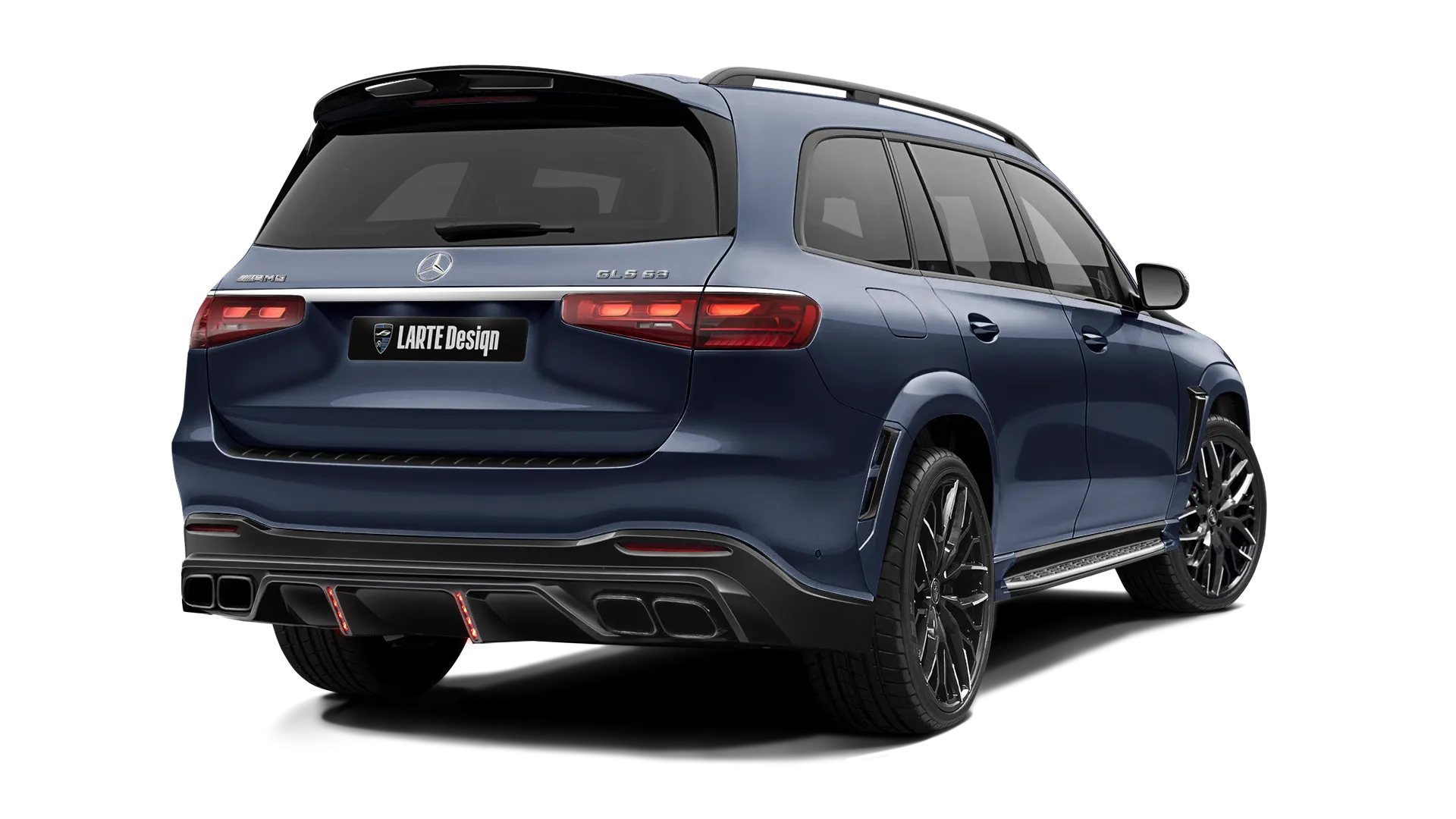 Mercedes GLS AMG 63 X167 Facelift with painted body kit: rear view shown in Cavansite Blue
