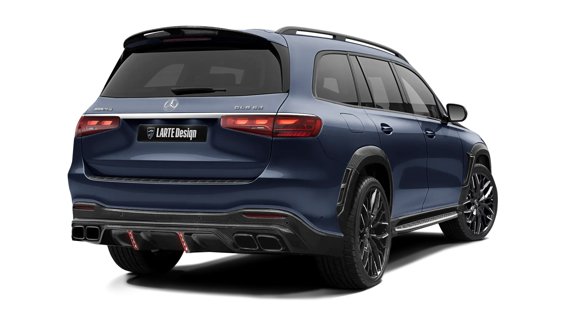 Mercedes GLS AMG 63 X167 Facelift with carbon body kit: back view shown in Cavansite Blue