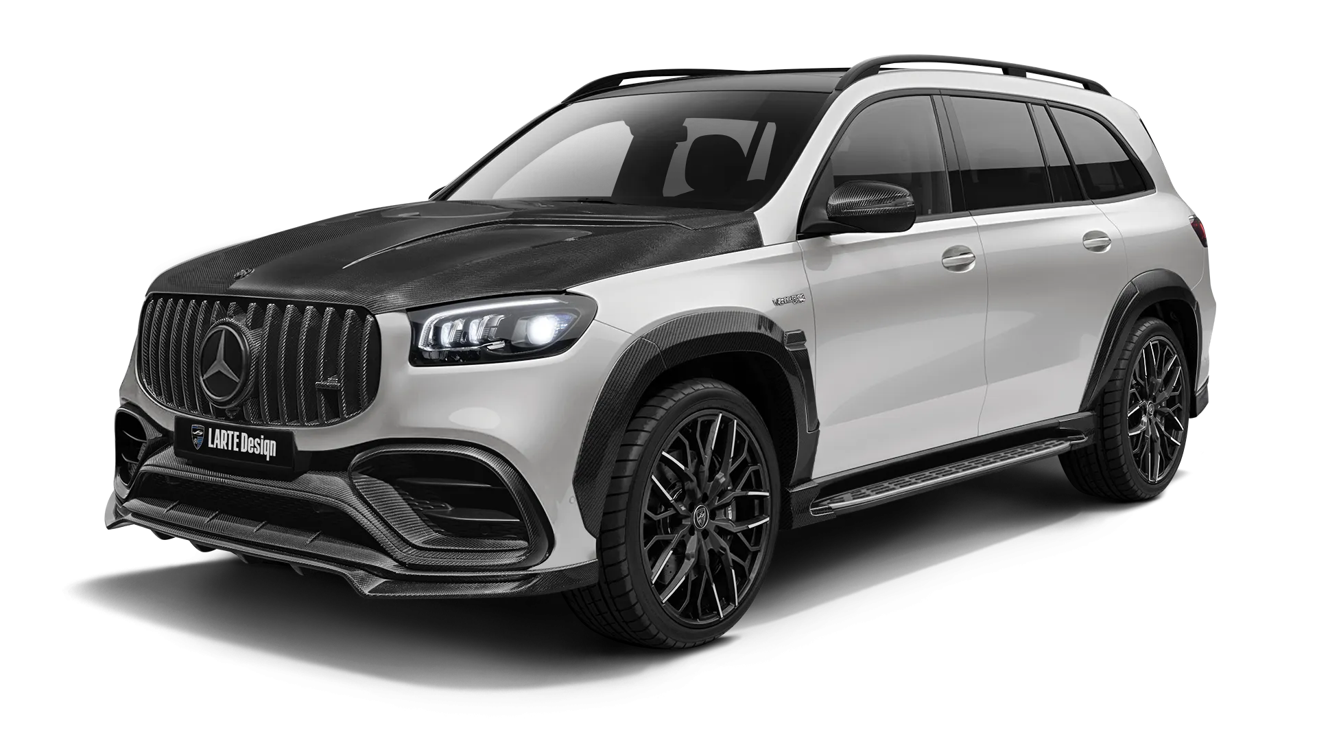 Mercedes GLS AMG 63 X167 Facelift with carbon body kit: front view shown in Diamond White