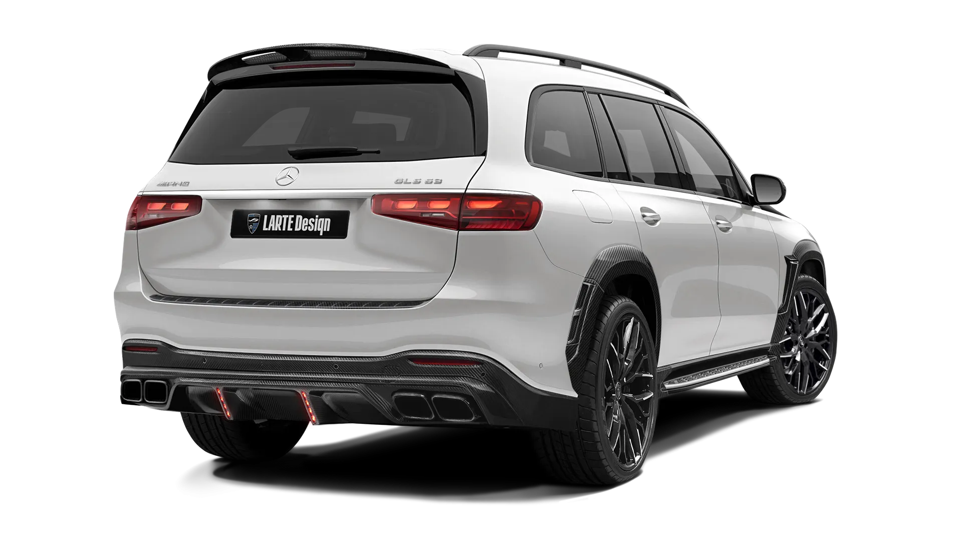 Mercedes GLS AMG 63 X167 Facelift with carbon body kit: back view shown in Diamond White