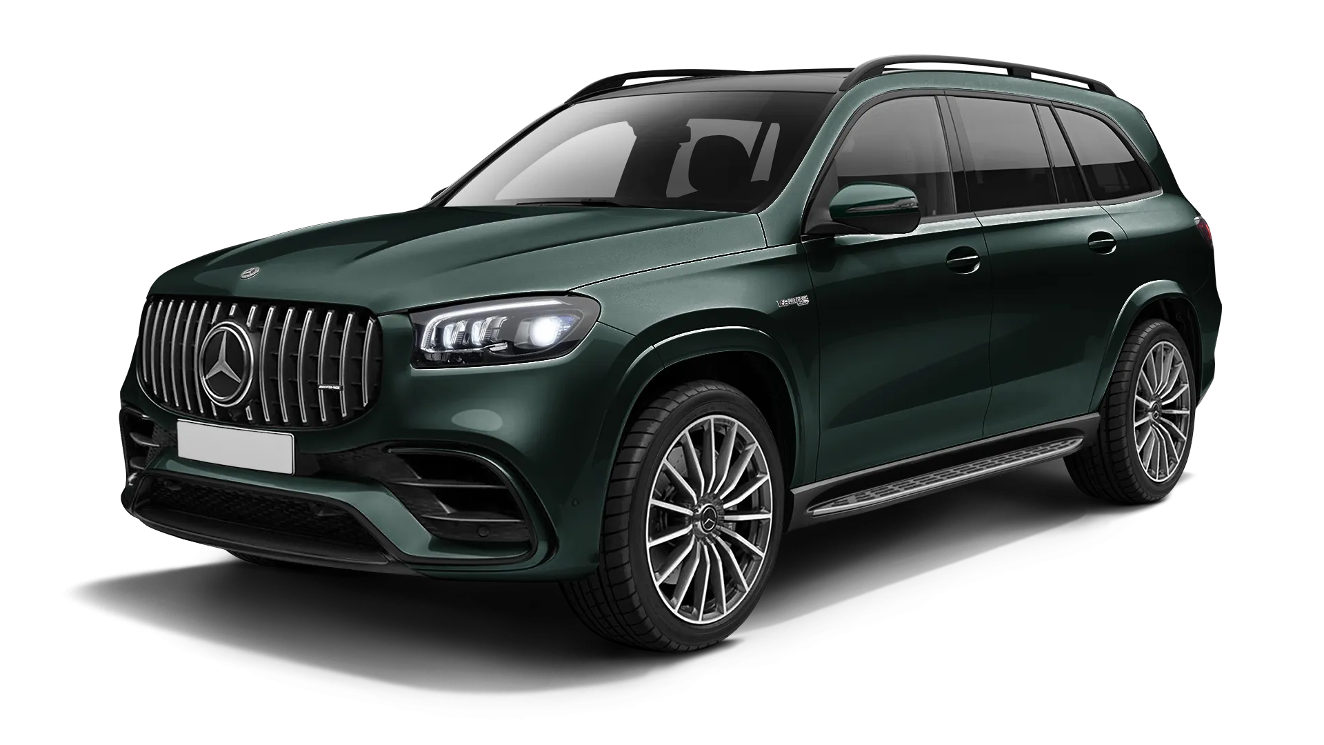 Mercedes GLS AMG 63 X167 Facelift stock front view in Emerald Green color