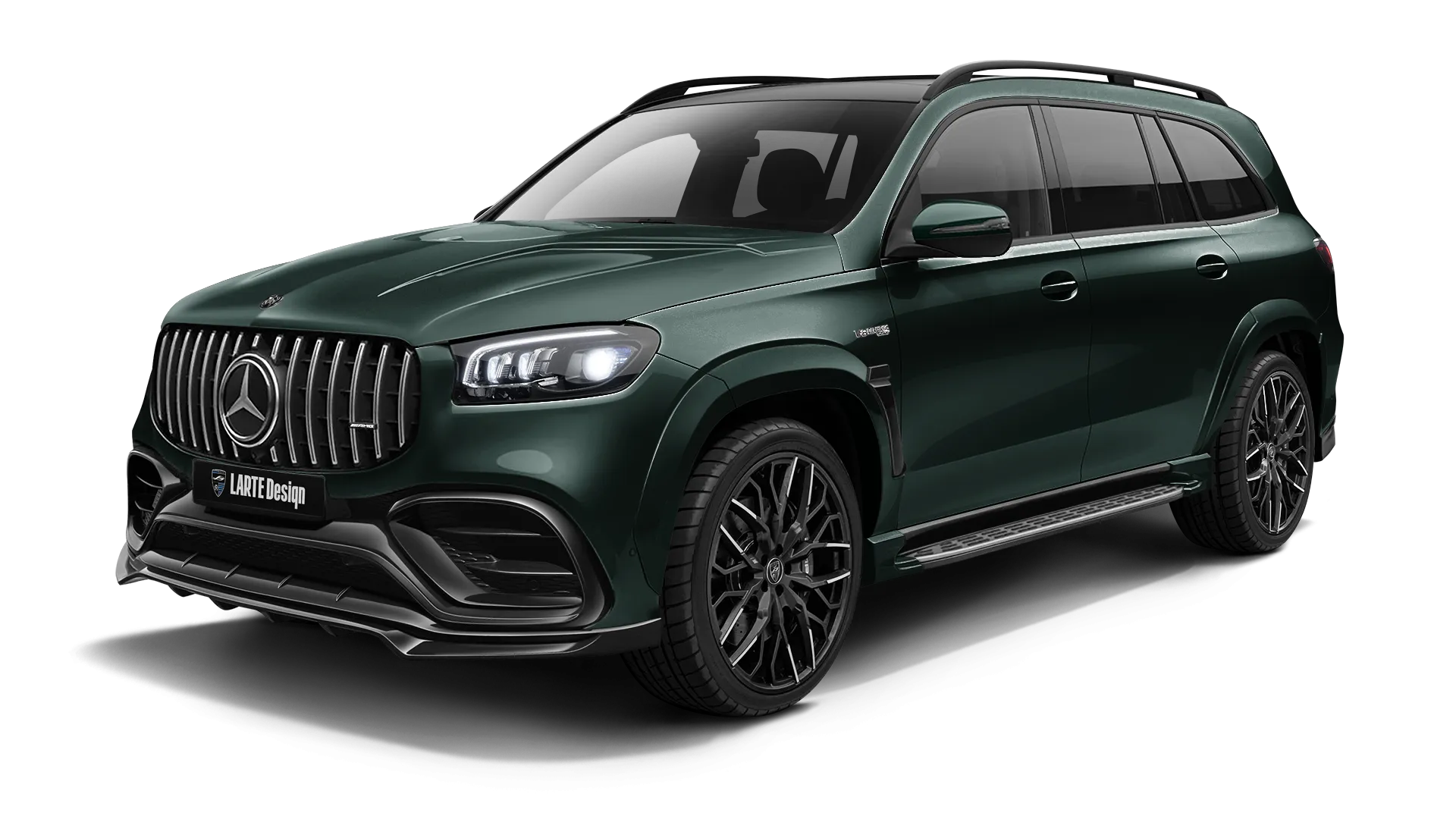 Mercedes GLS AMG 63 X167 Facelift with painted body kit: front view shown in Emerald Green