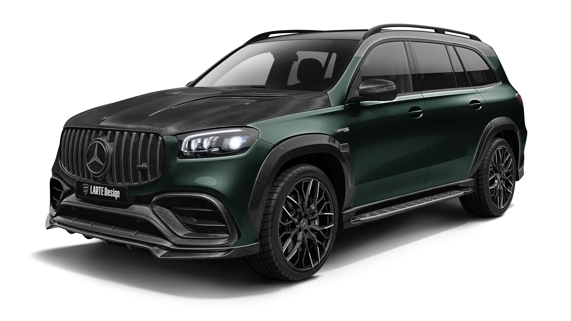 Mercedes GLS AMG 63 X167 Facelift with carbon body kit: front view shown in Emerald Green