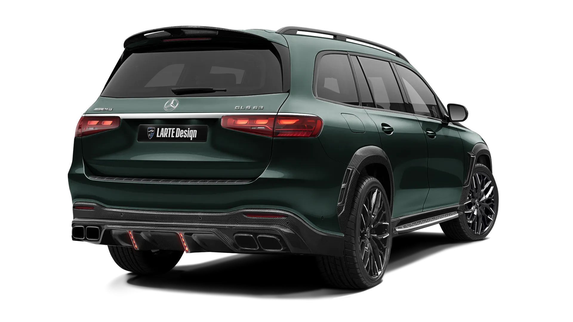 Mercedes GLS AMG 63 X167 Facelift with carbon body kit: back view shown in Emerald Green