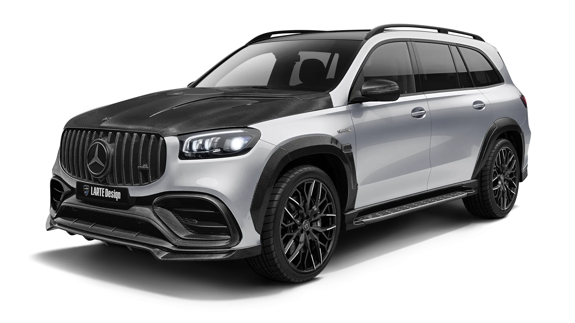 Mercedes GLS AMG 63 X 167 Facelift with carbon body kit: front view shown in High Tech Silver