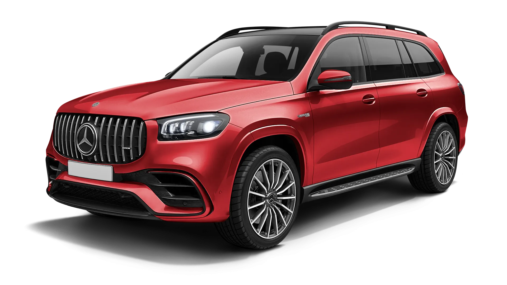 Mercedes GLS AMG 63 X167 Facelift stock front view in Hyacinthe Red color