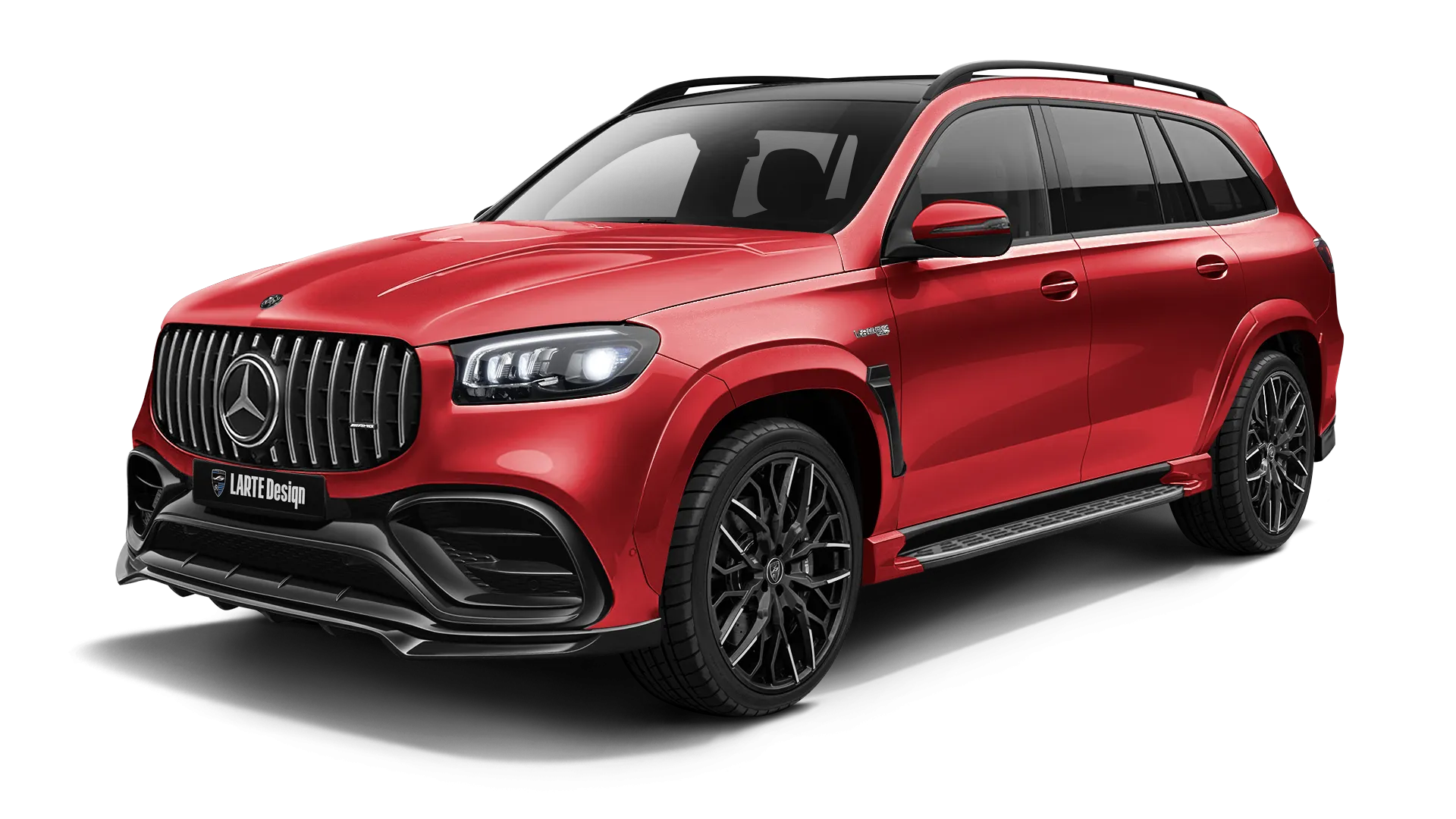 Mercedes GLS AMG 63 X167 Facelift with painted body kit: front view shown in Hyacinthe Red