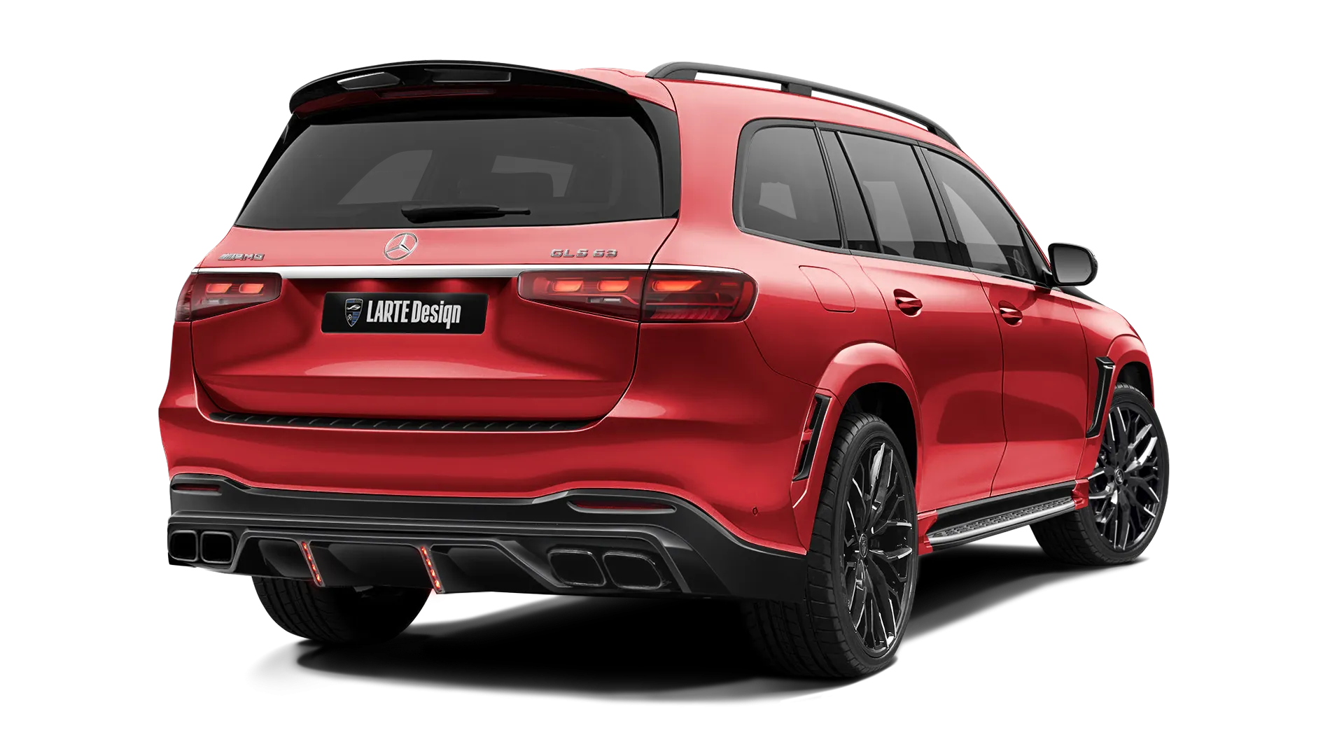 Mercedes GLS AMG 63 X167 Facelift with painted body kit: rear view shown in Hyacinthe Red
