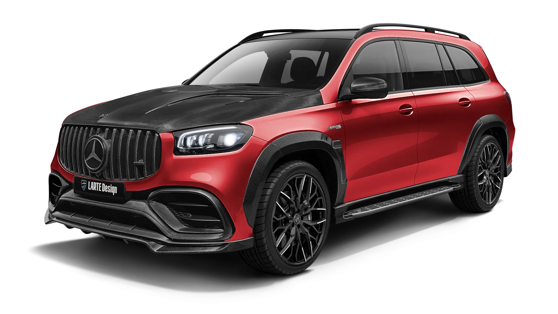 Mercedes GLS AMG 63 X167 Facelift with carbon body kit: front view shown in Hyacinthe Red