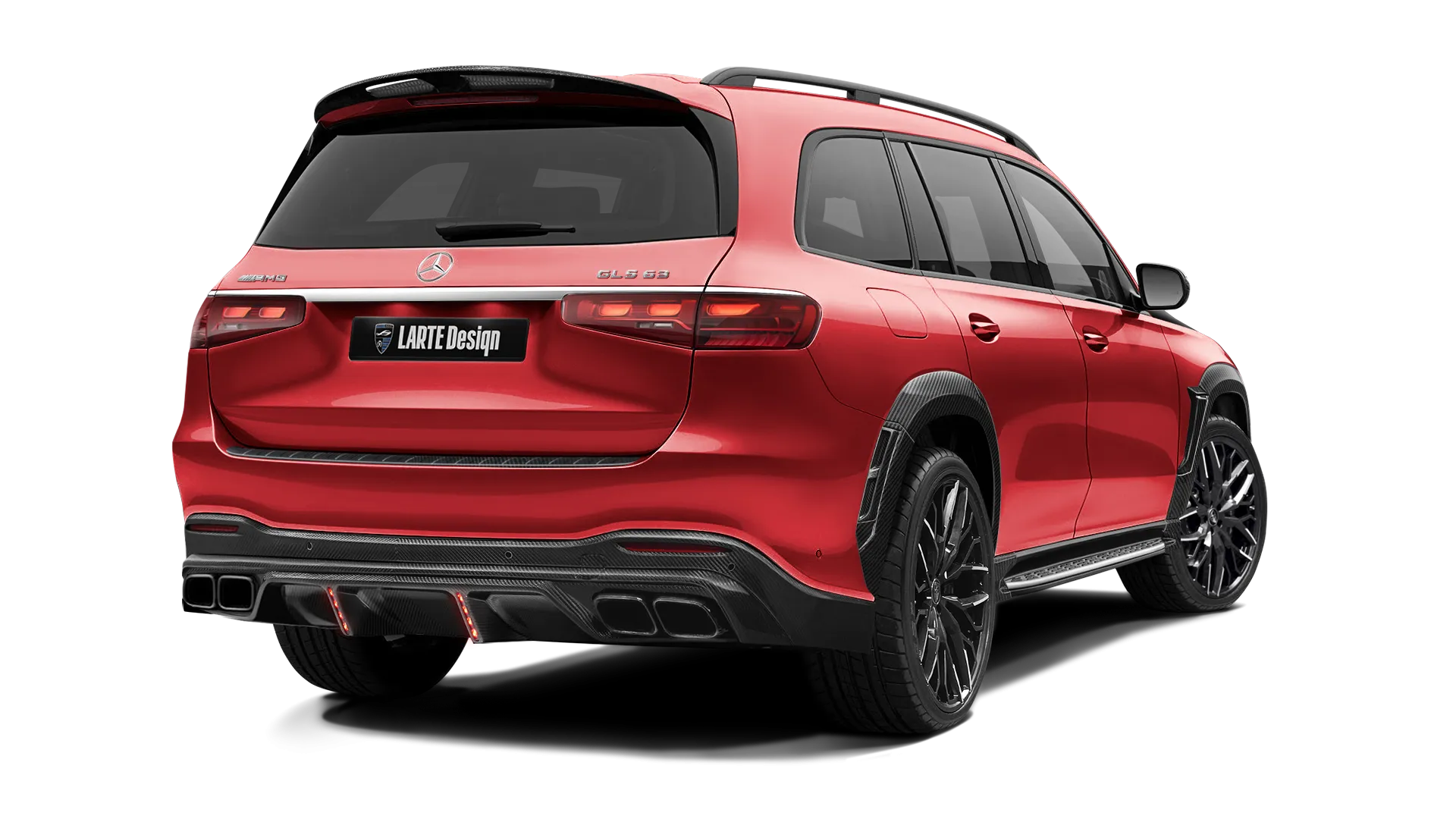 Mercedes GLS AMG 63 X167 Facelift with carbon body kit: back view shown in Hyacinthe Red
