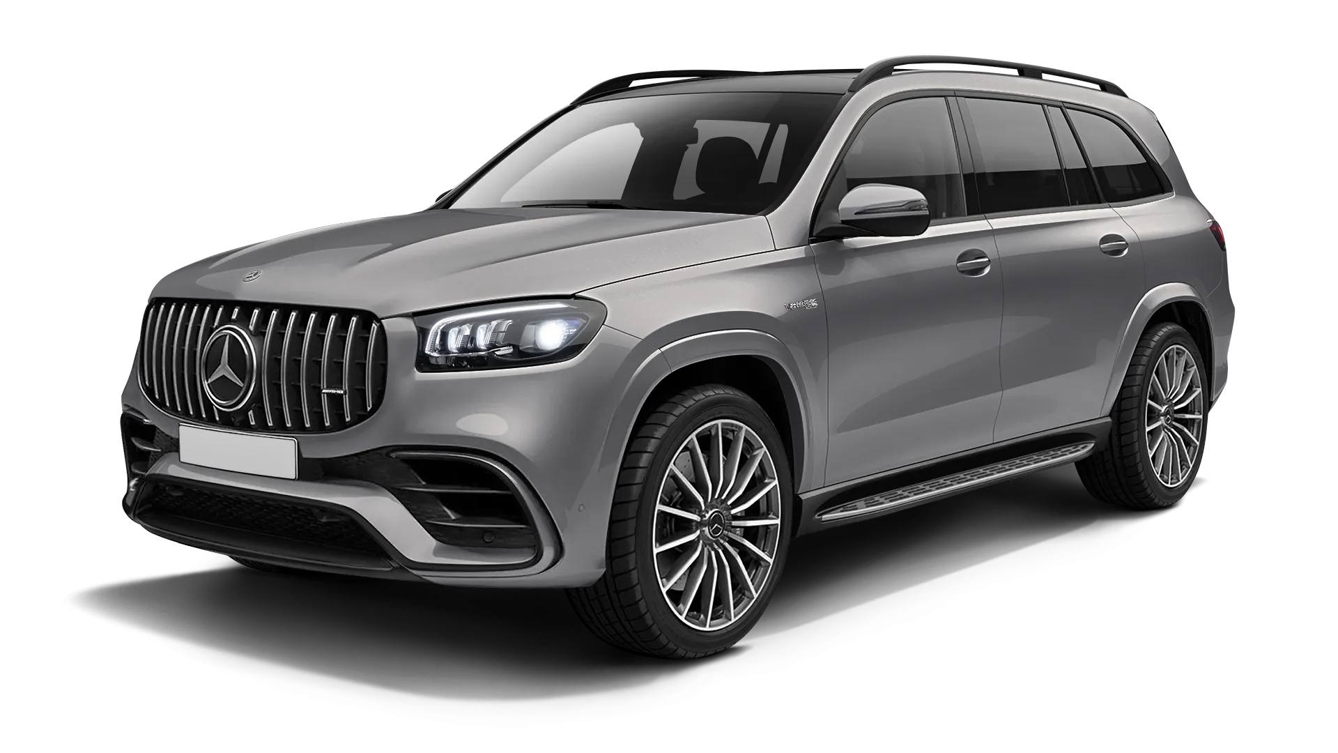 Mercedes GLS AMG 63 X167 Facelift stock front view in Mojave Silver color