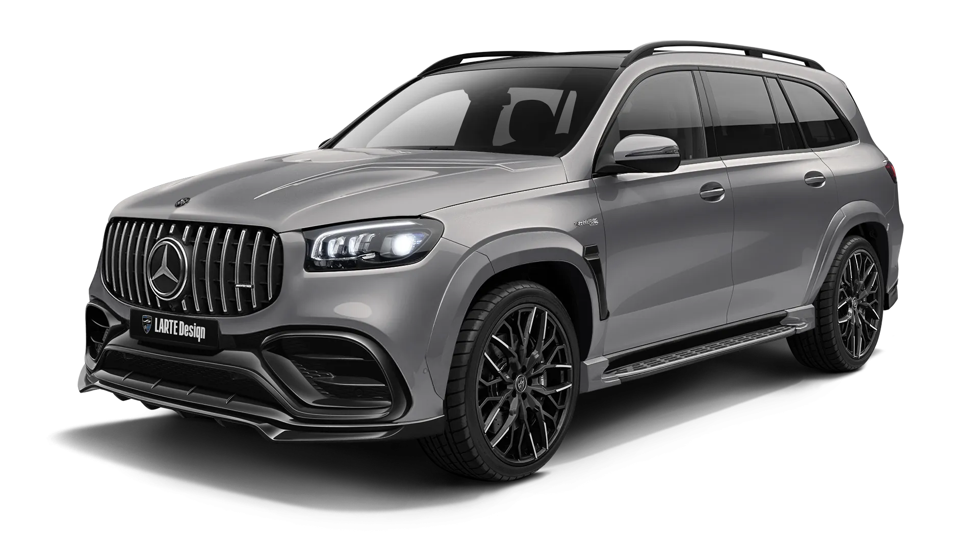 Mercedes GLS AMG 63 X167 Facelift with painted body kit: front view shown in Mojave Silver