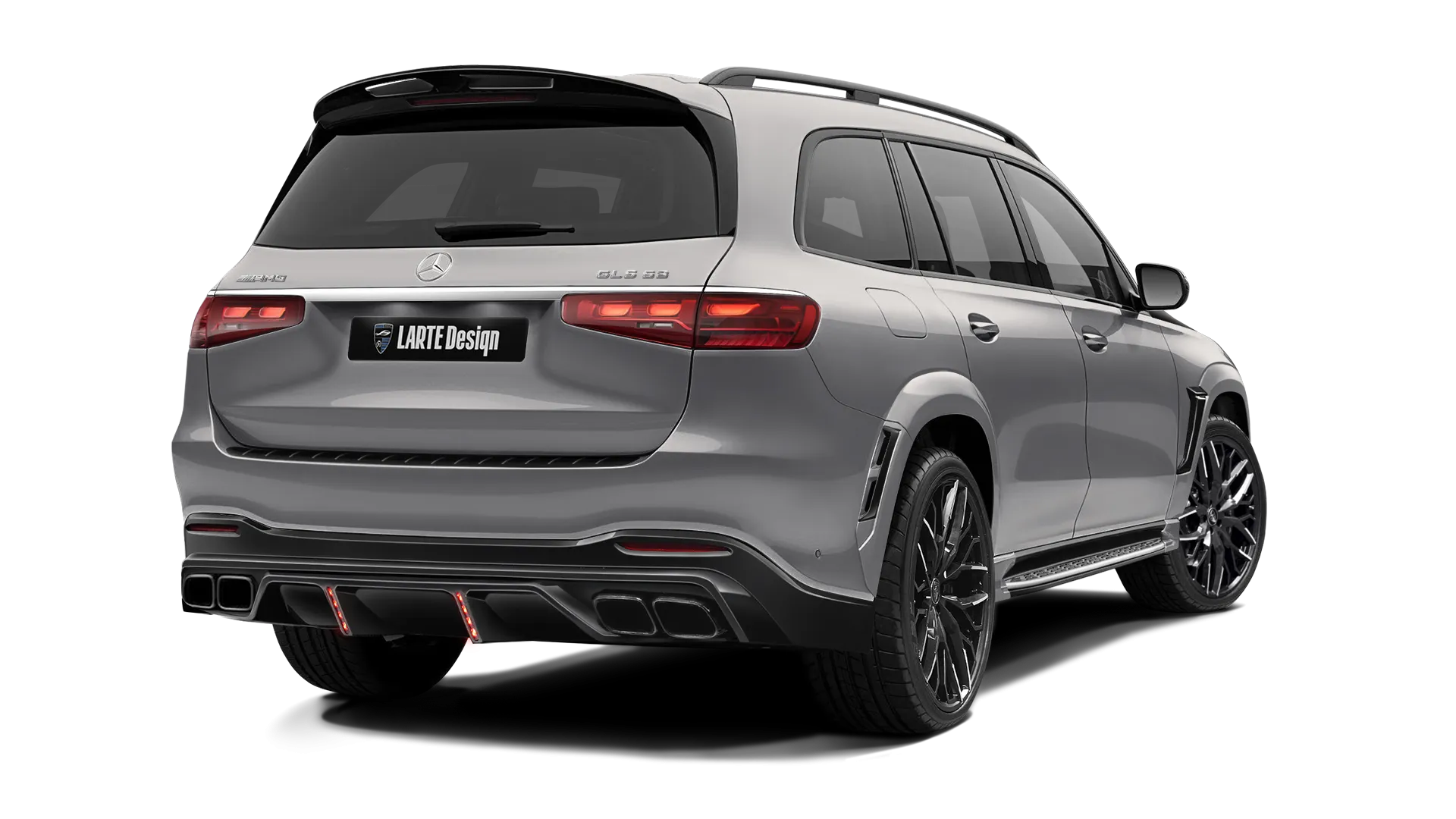 Mercedes GLS AMG 63 X167 Facelift with painted body kit: rear view shown in Mojave Silver