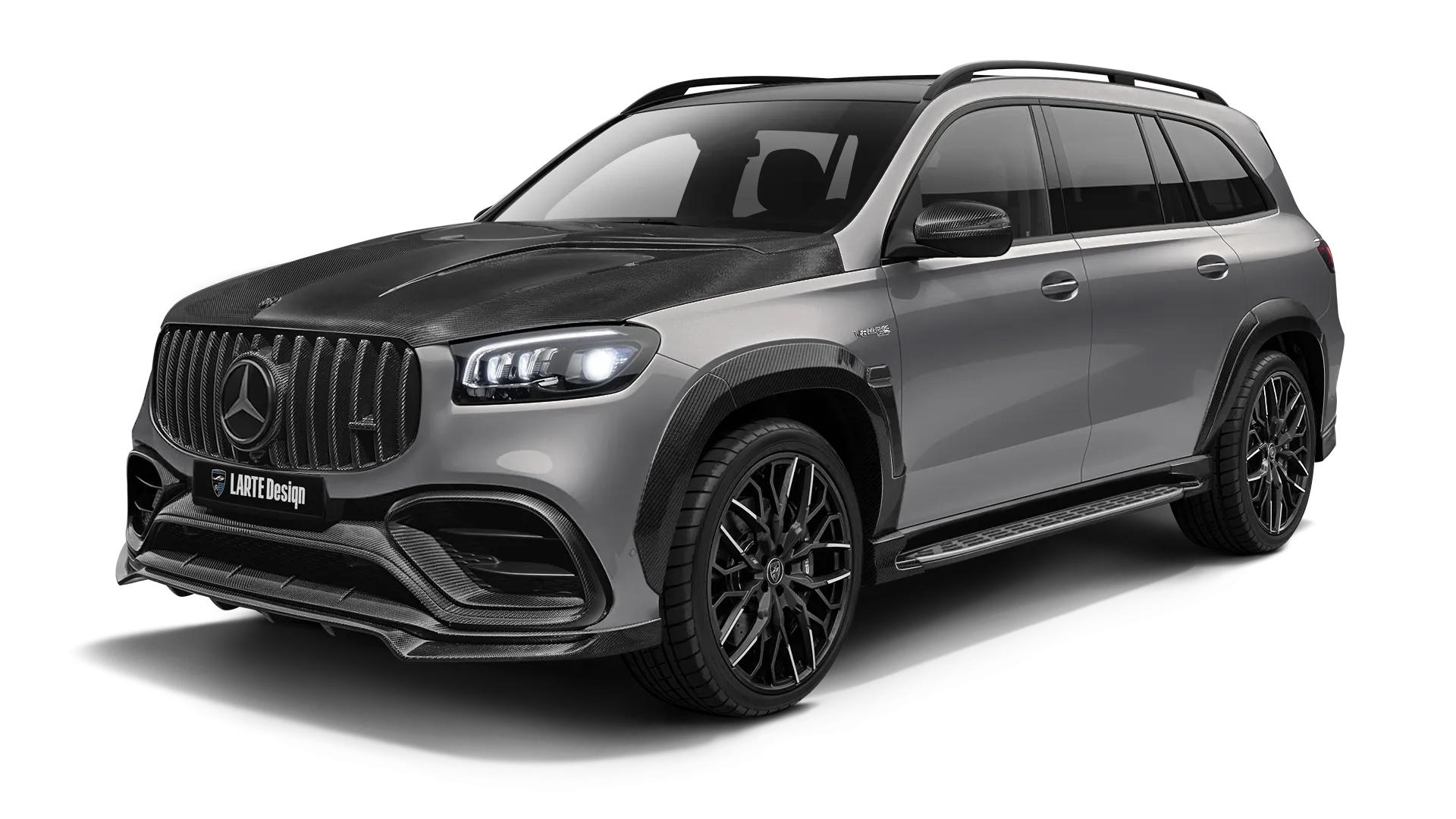 Mercedes GLS AMG 63 X167 Facelift with carbon body kit: front view shown in Mojave Silver