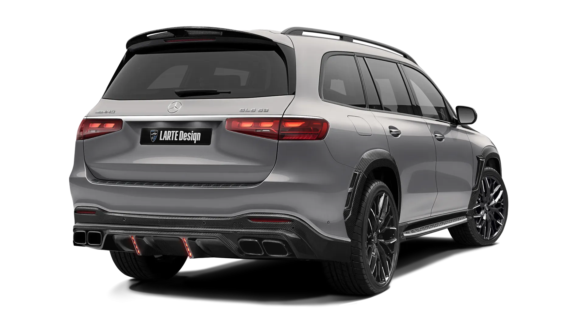 Mercedes GLS AMG 63 X167 Facelift with carbon body kit: back view shown in Mojave Silver