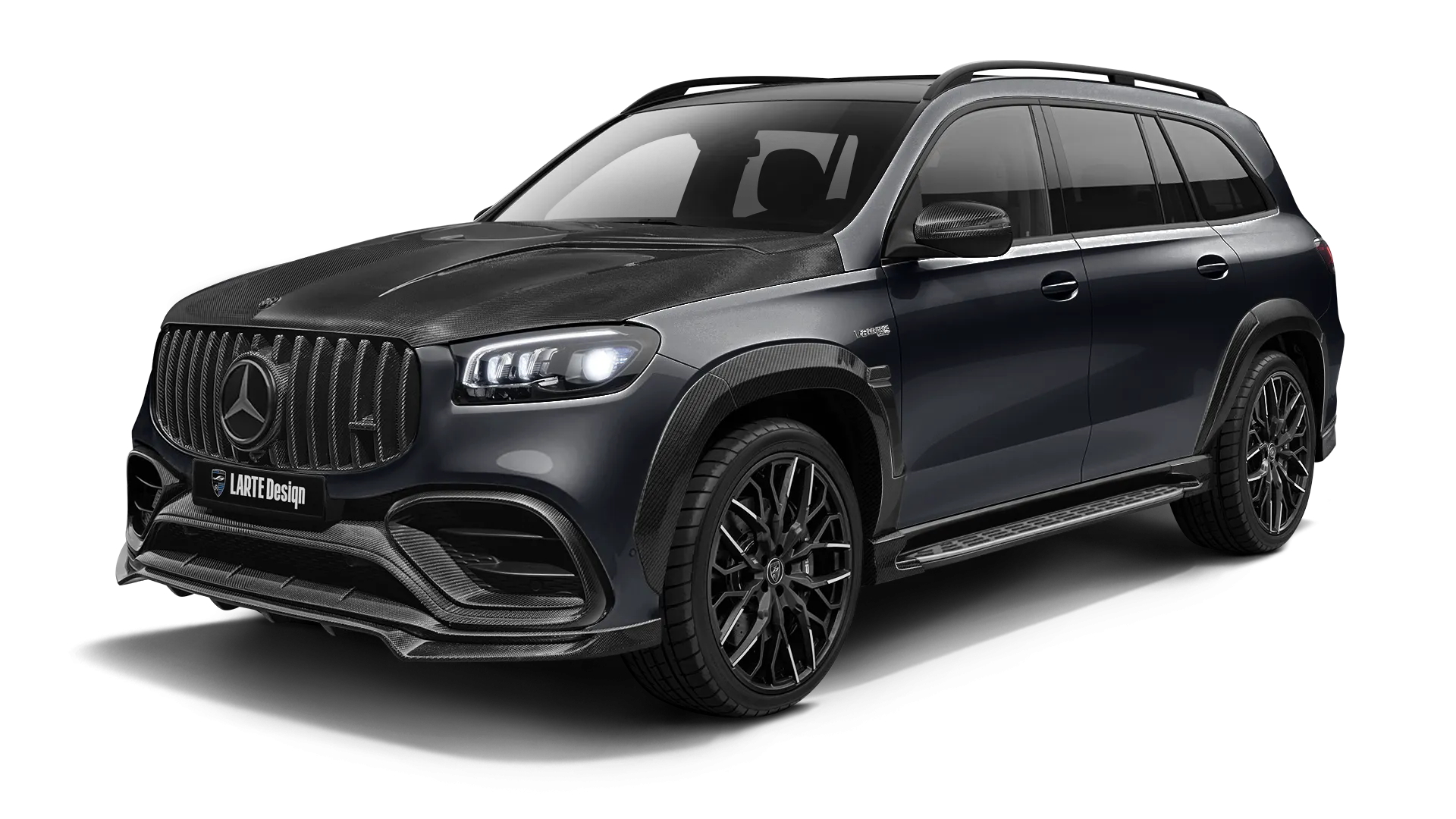 Mercedes GLS AMG 63 X167 Facelift with carbon body kit: front view shown in Obsidian Black