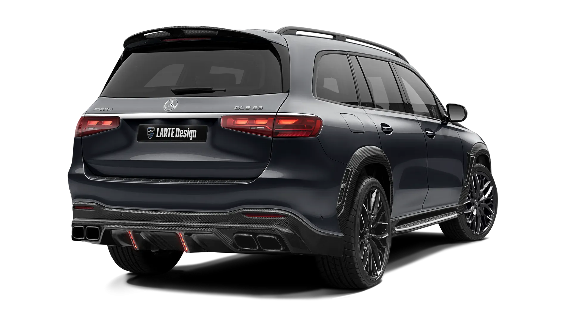 Mercedes GLS AMG 63 X167 Facelift with carbon body kit: back view shown in Obsidian Black