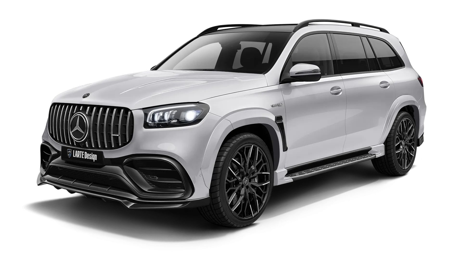 Mercedes GLS AMG 63 X167 Facelift with painted body kit: front view shown in Polar White