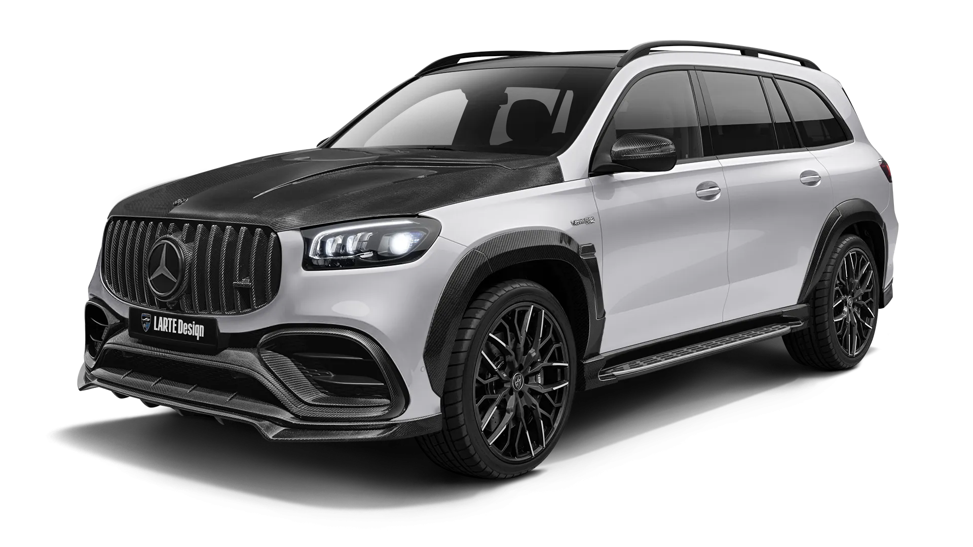 Mercedes GLS AMG 63 X167 Facelift with carbon body kit: front view shown in Polar White