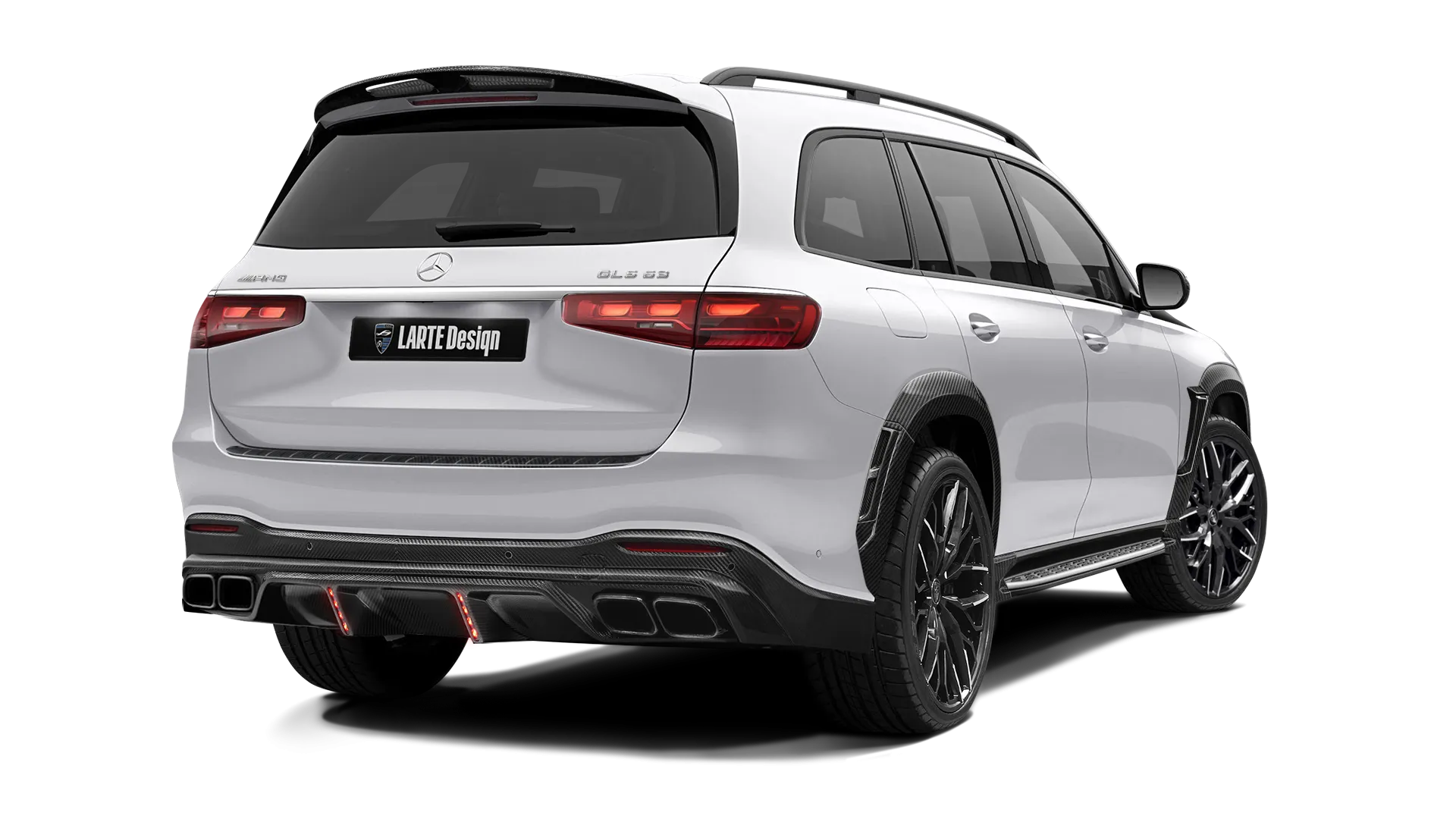 Mercedes GLS AMG 63 X167 Facelift with carbon body kit: back view shown in Polar White