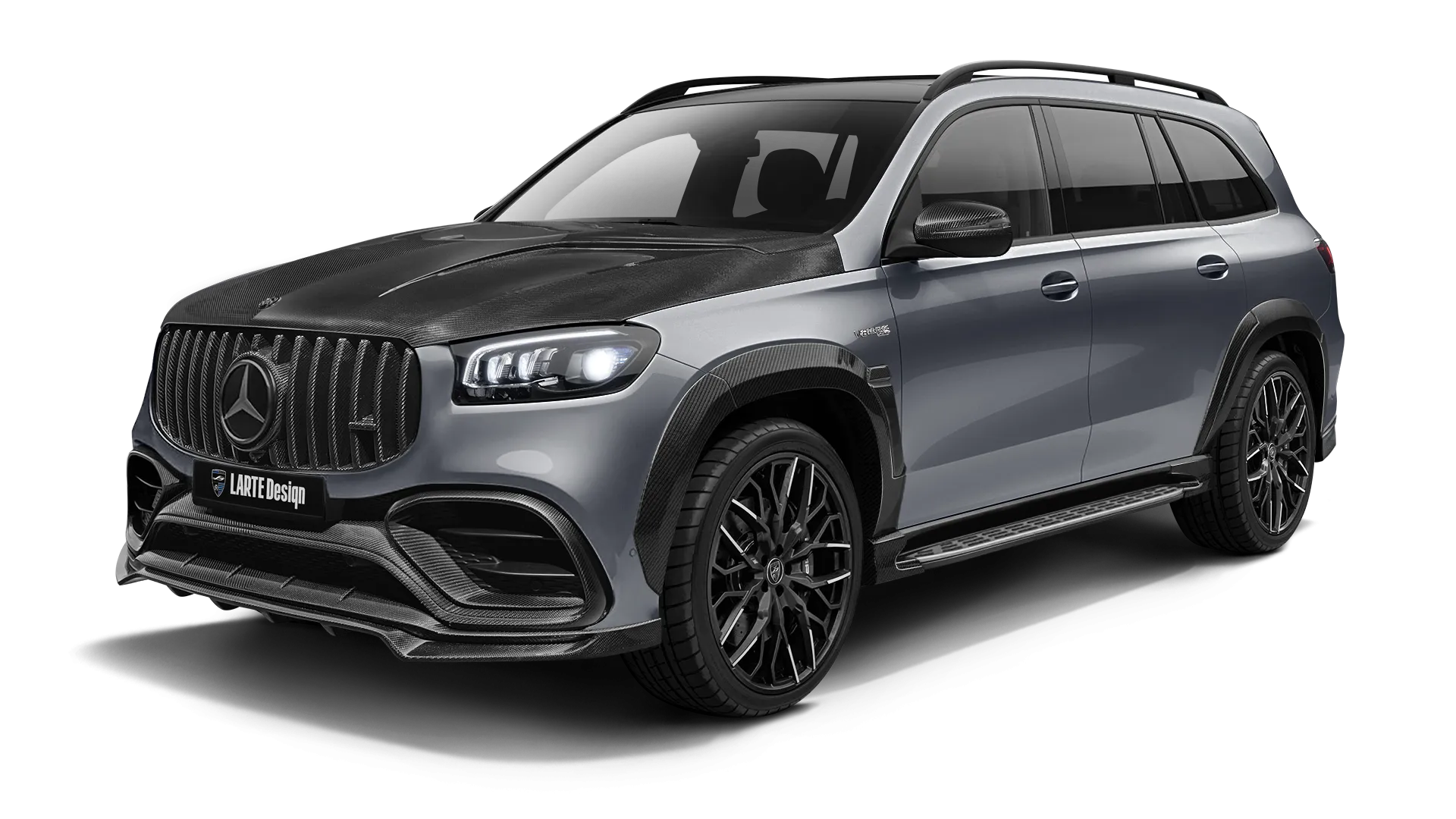 Mercedes GLS AMG 63 X167 Facelift with carbon body kit: front view shown in Selenite Grey