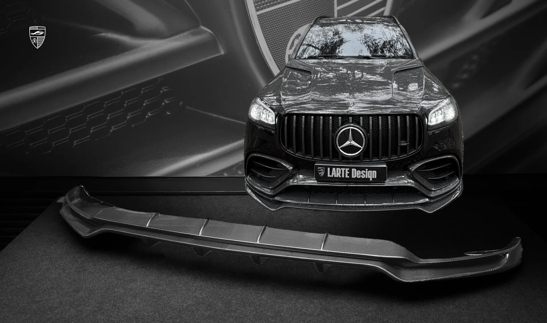 Front bumper carbon splitter upgrade for the luxury car Mercedes GLS AMG 63 X167 Facelift from LARTE Design
