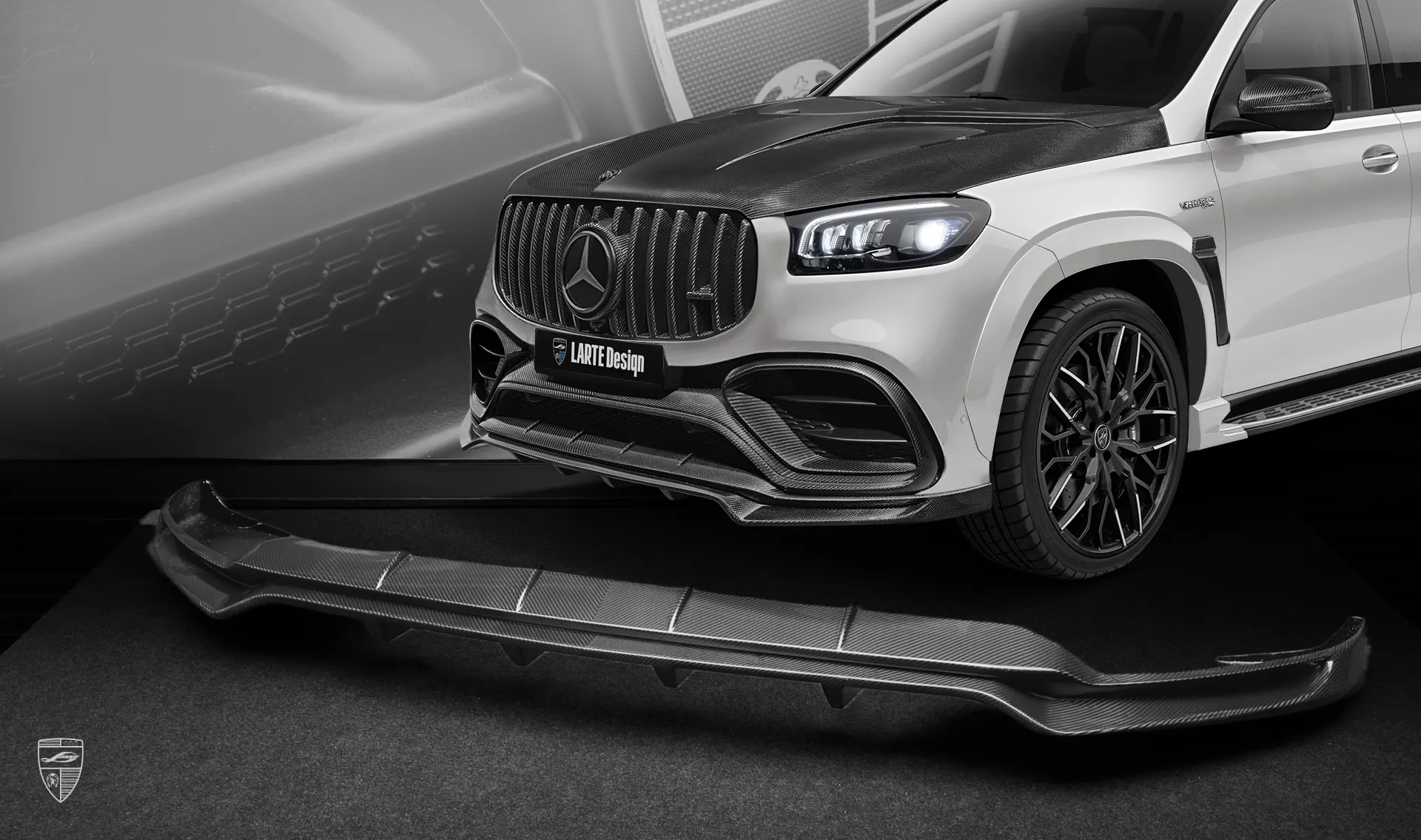 Front bumper carbon splitter upgrade for the family car Mercedes GLS AMG 63 X167 Facelift from LARTE Design