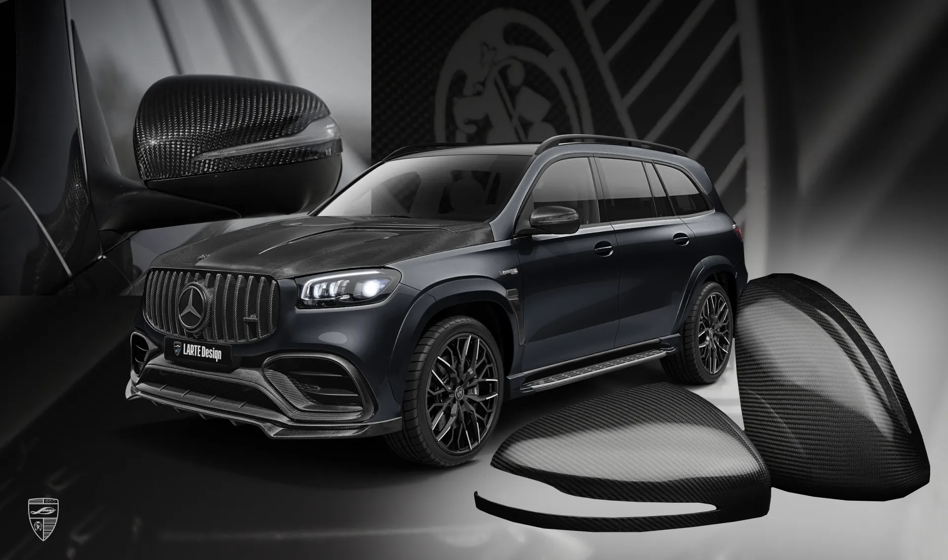 Carbon mirror caps upgrade for the luxury car Mercedes GLS AMG 63 X167 Facelift from LARTE Design