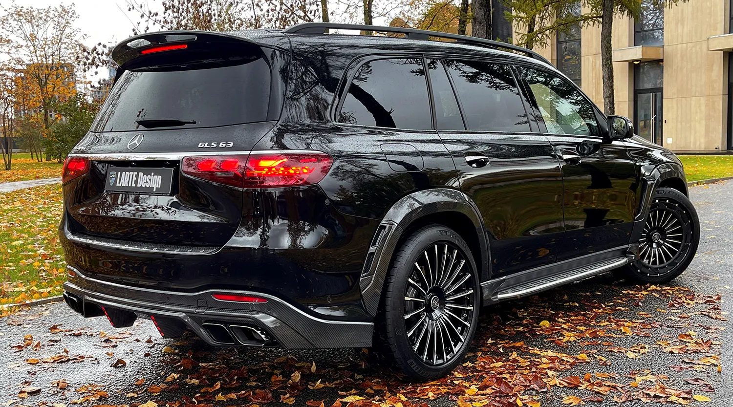 Rear angle view on a Mercedes GLS AMG 63 X167 Facelift with a body kit giving the car a custom appearance