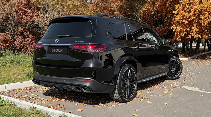 Rear angle view on a Mercedes GLS AMG 63 X167 Facelift with a body kit giving the car a custom appearance