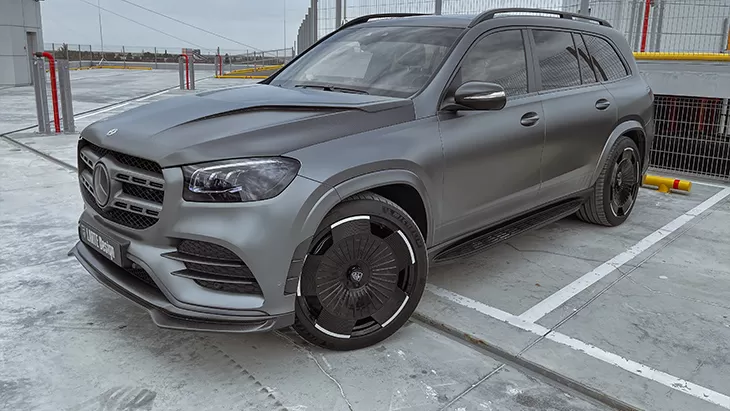 Front angle view on a Mercedes GLS X167 with a body kit giving the car a custom appearance