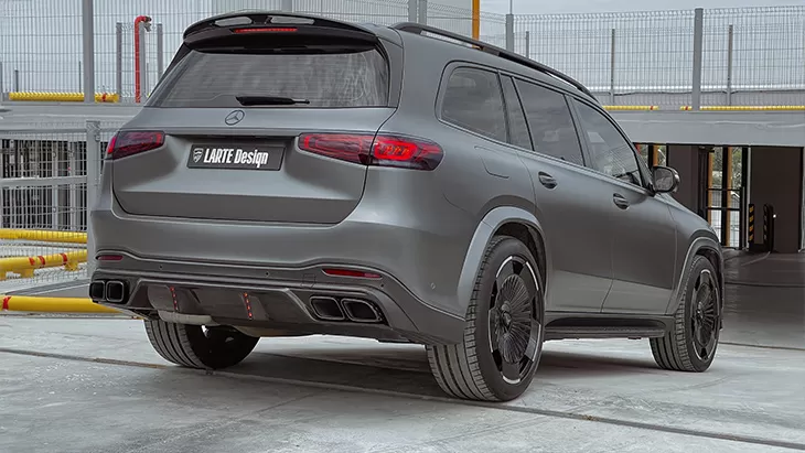 Rear angle view on a Mercedes GLS X167 with a body kit giving the car a custom appearance