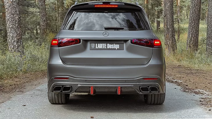 Rear view on a Mercedes GLS X167 with a body kit giving the car a custom appearance