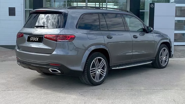 Rear angle view on a Mercedes GLS X167 with a body kit giving the car a custom appearance