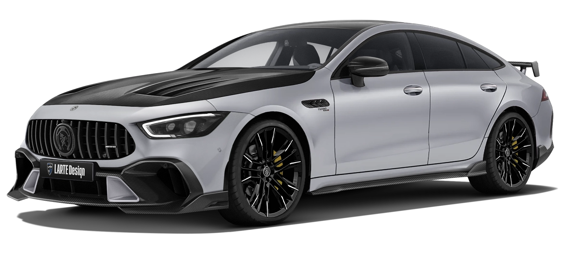 MERCEDES GT 53 X290 FACELIFT 2024 - 2026 with carbon body kit: front view shown in Hitech Silver