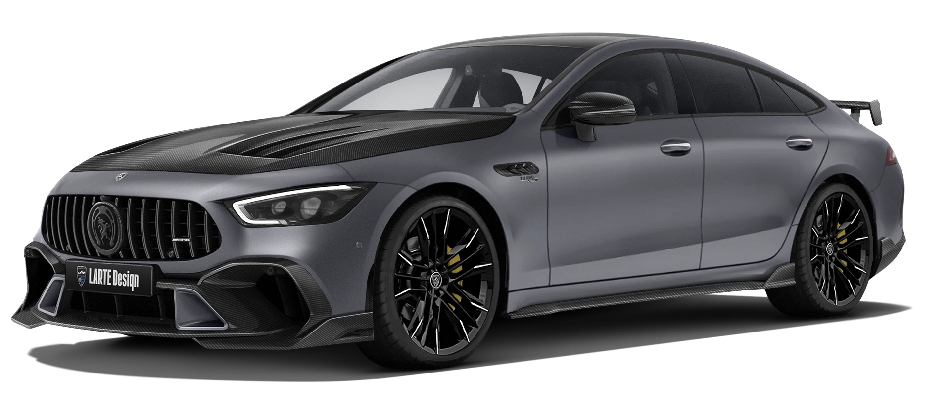 MERCEDES GT 53 X290 FACELIFT 2024 - 2026 with carbon body kit: front view shown in Selenite Grey Magno