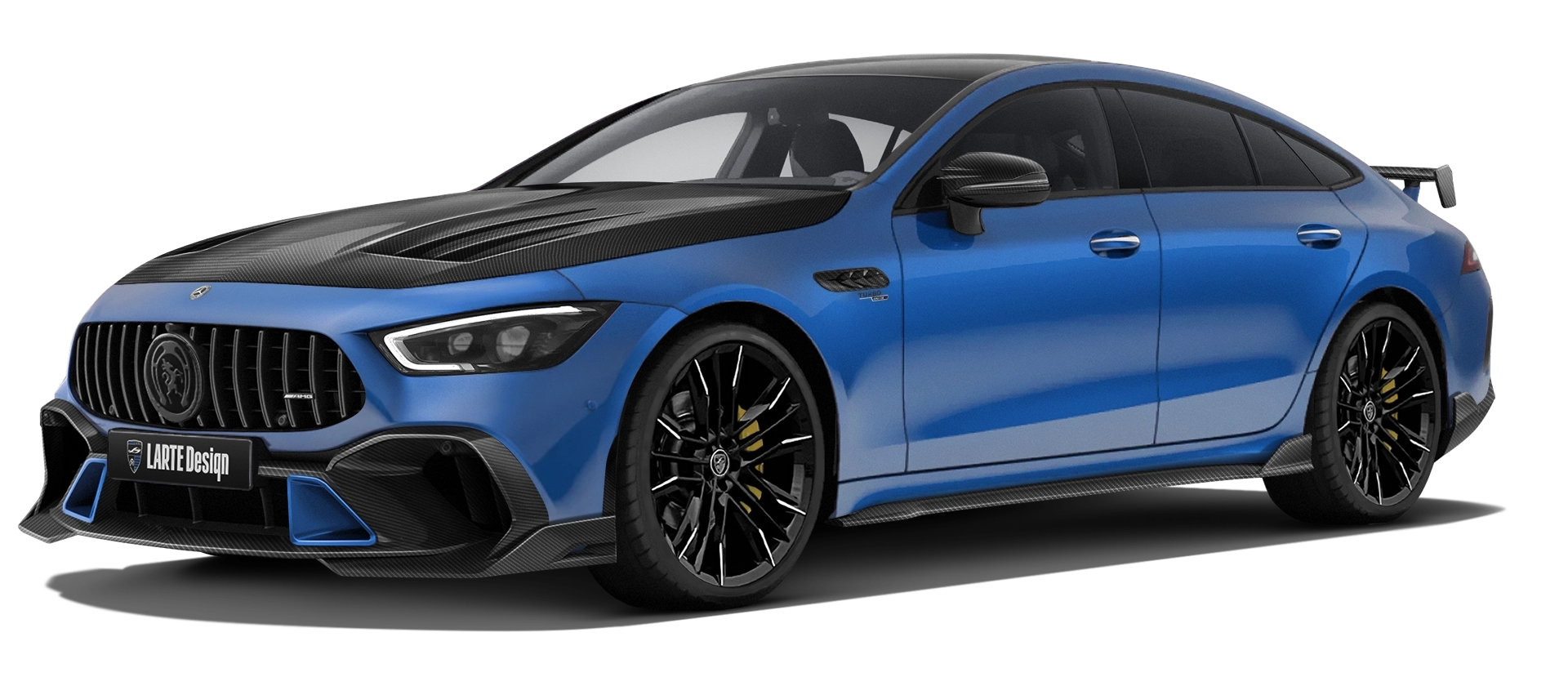 MERCEDES GT 53 X290 FACELIFT 2024 - 2026 with carbon body kit: front view shown in Spectral Blue Magno