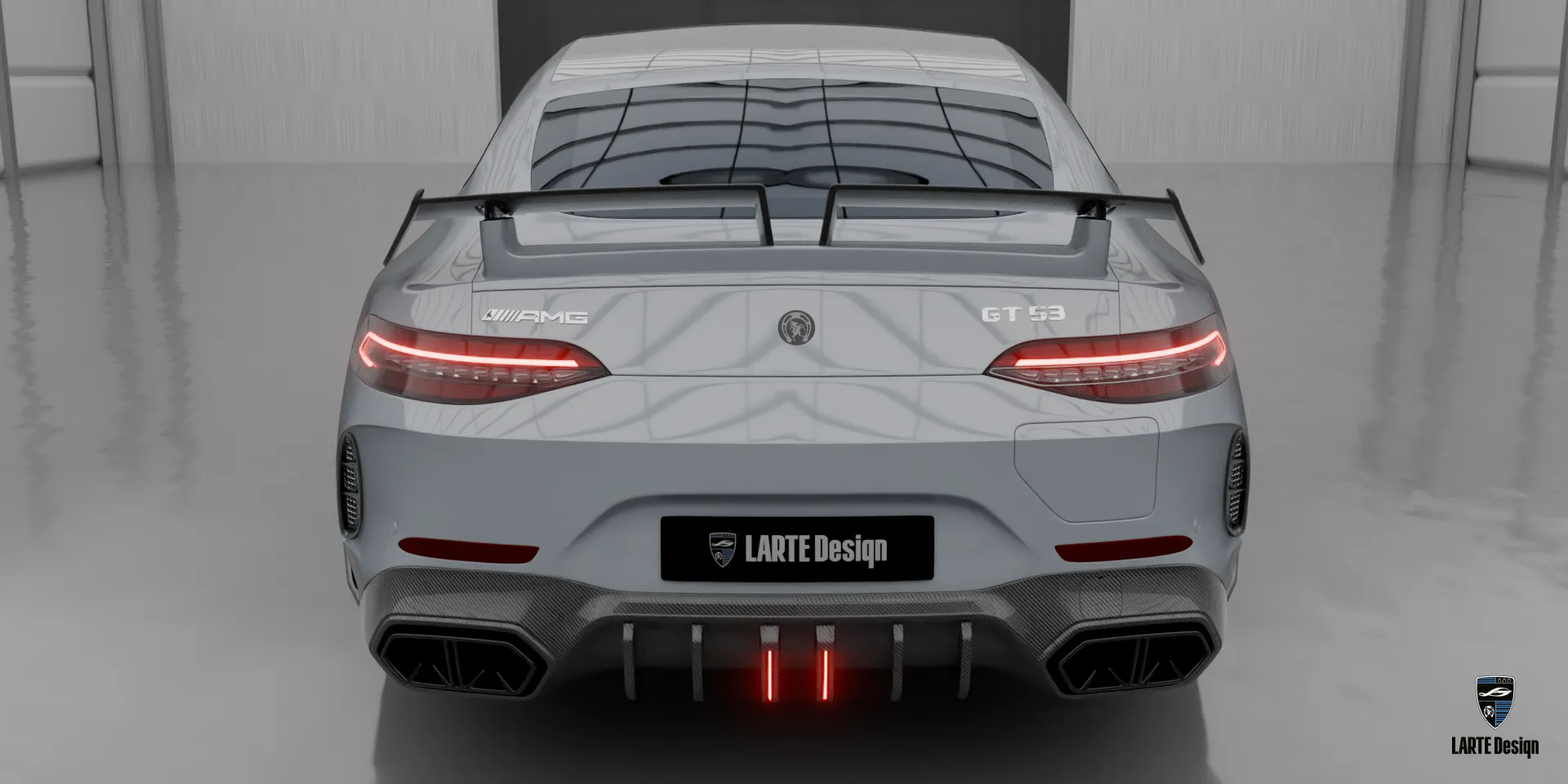 Mercedes GT 53 – Aggressive Hitech Silver Facelift Design Facelifted Mercedes GT AMG 53 — Hitech Silver car with aggressive style and sleek body kit