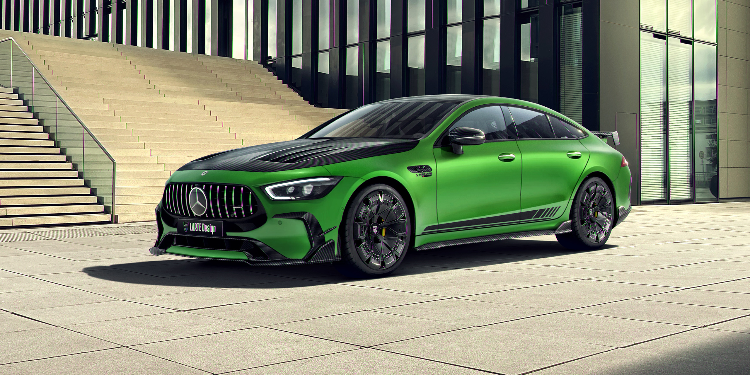 Mercedes AMG GT 63 with customized front splitter and aggressive stance