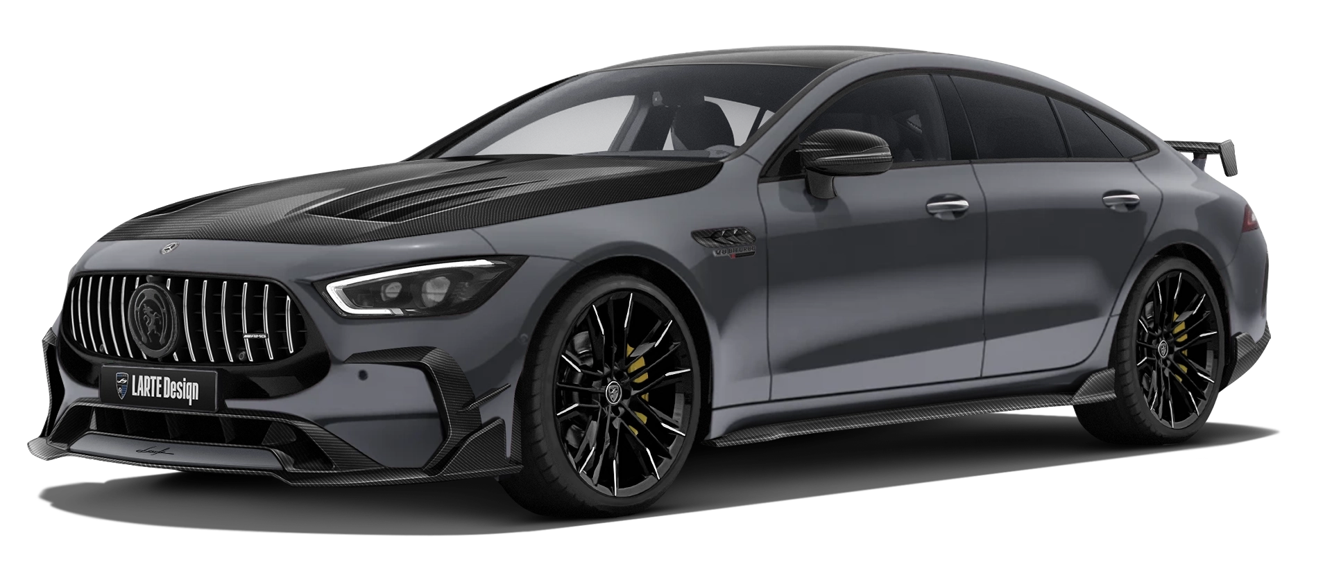 MERCEDES GT 63 X290 FACELIFT 2024 - 2026 mit Karbon-Karosserie-Kit: Frontansicht in Classic Grey