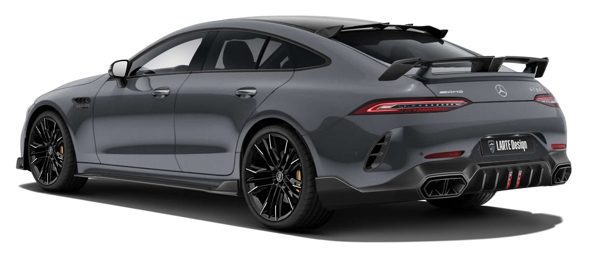 MERCEDES GT 63 X290 FACELIFT 2024 - 2026 mit lackiertem Karosserie-Kit: Rückansicht in Classic Grey