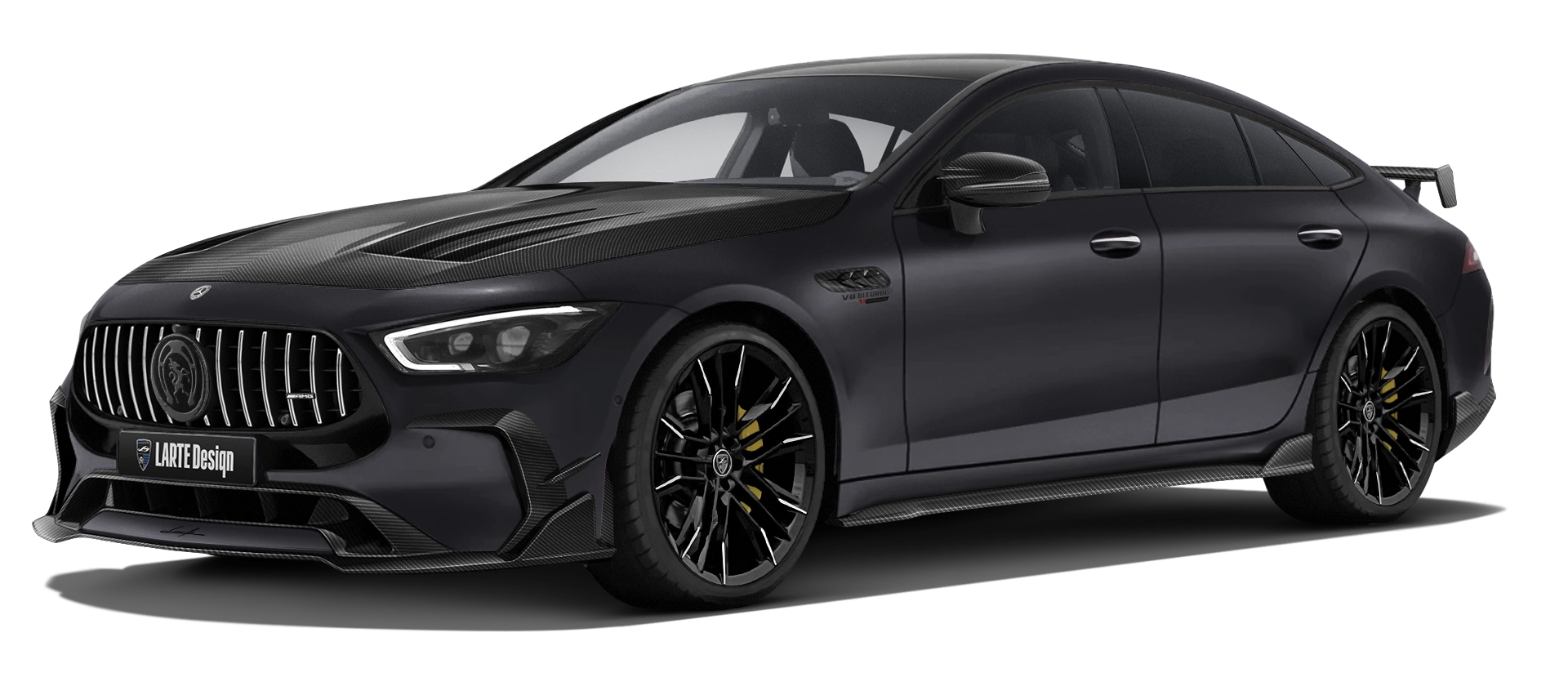 MERCEDES GT 63 X290 FACELIFT 2024 - 2026 with carbon body kit: front view shown in Graphite Grey