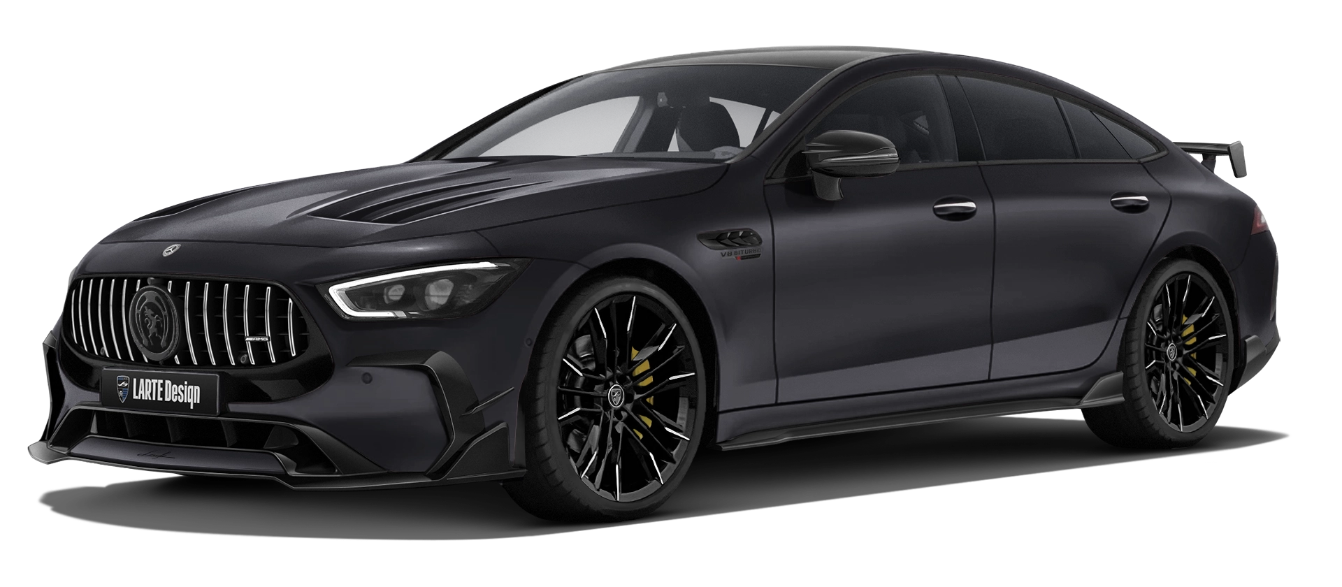 MERCEDES GT 63 X290 FACELIFT 2024 - 2026 with painted body kit: front view shown in Graphite Grey